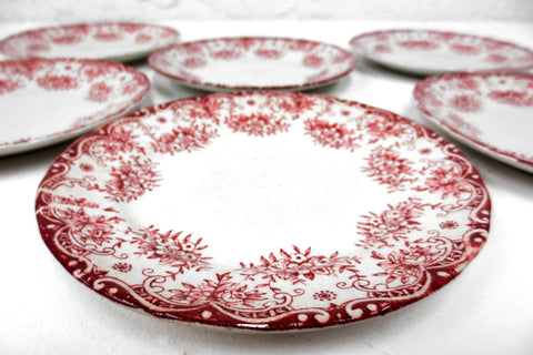 6 Antique Cartier England Porcelain Desert Plates 6 3/4" dia, Red Flowers