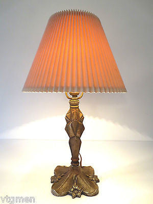 Antique Art Deco Cast Iron Table Lamp Light, Rewired & Working, Gold Patina, 20"