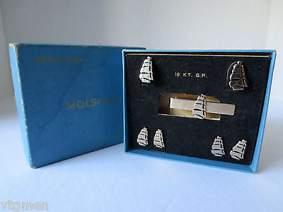 18KT GP Gold Molson's Brewery Beer Cufflinks, Earings, Tie Clips, Pins, With Box