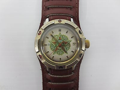 Vintage Military Watch Vostok, WWII Red Star Kremlin, Date, New Leather Band
