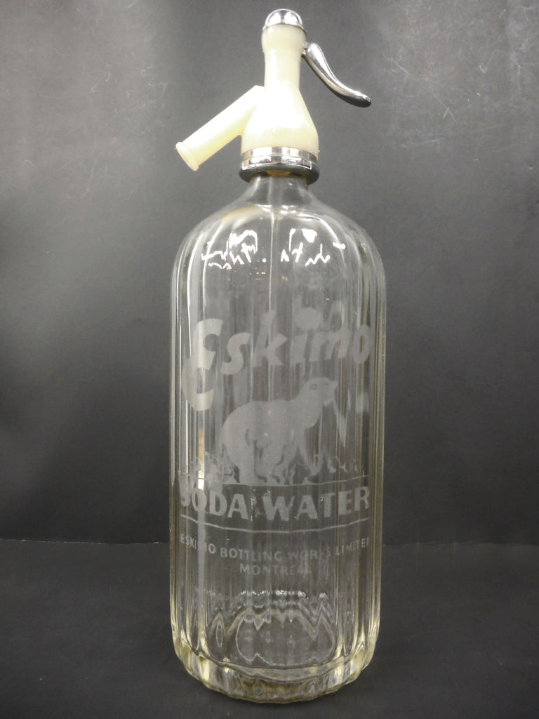 Vintage Eskimo Soda Water Glass Bottle 13" Original Syphon, Eskimo Bear Montreal