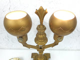 Antique Art Nouveau Gold Cast Iron Lamp 16" with 2 Metal Shades, Signed Elor 585