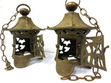 Antique Japanese Lanterns Pair 12" Heavy Brass, Buddhist Temple Lanterns, Chains