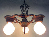 Antique Art Deco Alwyn 3 Lights Slip Shade Chandelier 12", Ceiling Fixture, Red