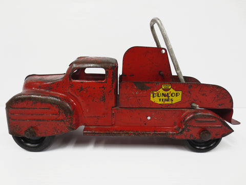 Lincoln Toys Red Tow Truck 13" DUNLOP TIRES, Pressed Steel, Wood Coil