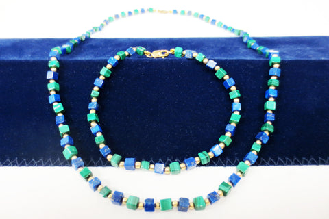 Genuine Lapis Lazuli & Malachite Necklace & Bracelet with 14k Gold Filled Beads