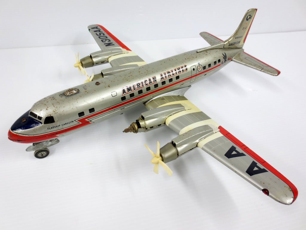 Vintage 17" American Airlines DC7 Boeing Tin Toy Airplane, Line Mar Toys Japan