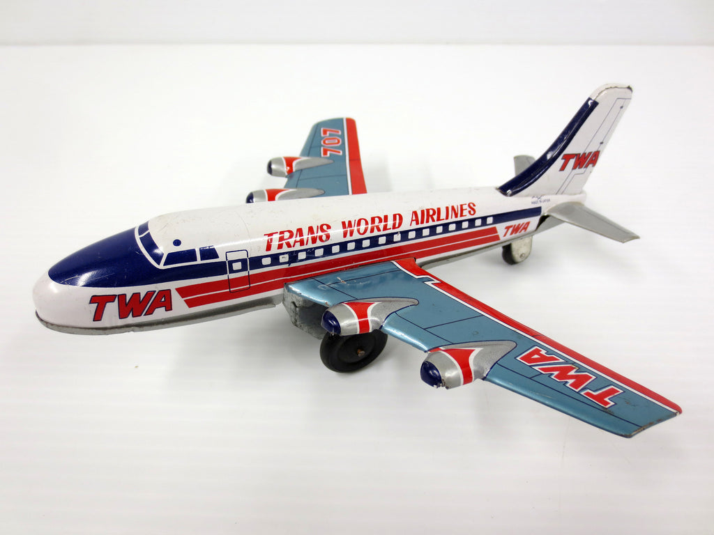 Vintage TWA Airlines Boeing 707 Tin Toy Airplane 7" by K Koyo Kinzoku, WORKS