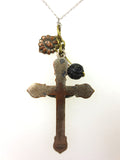 Vintage Nun's Ornate Crucifix Cross Pendant 1.5", Wood Flower, Bourgeoys Charm