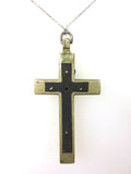 Antique Sterling Silver Priest's Crucifix Pendant 2 1/8" Long, Wood Inlay, 13gr