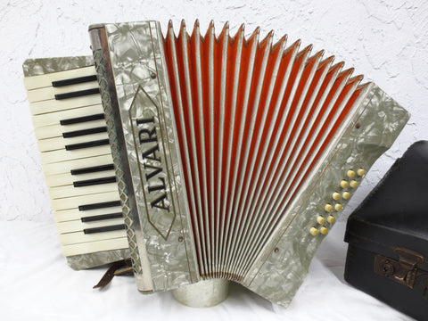 Vintage Alvari Germany Piano Accordion with Case, Mother of Pearl, 12 Bass