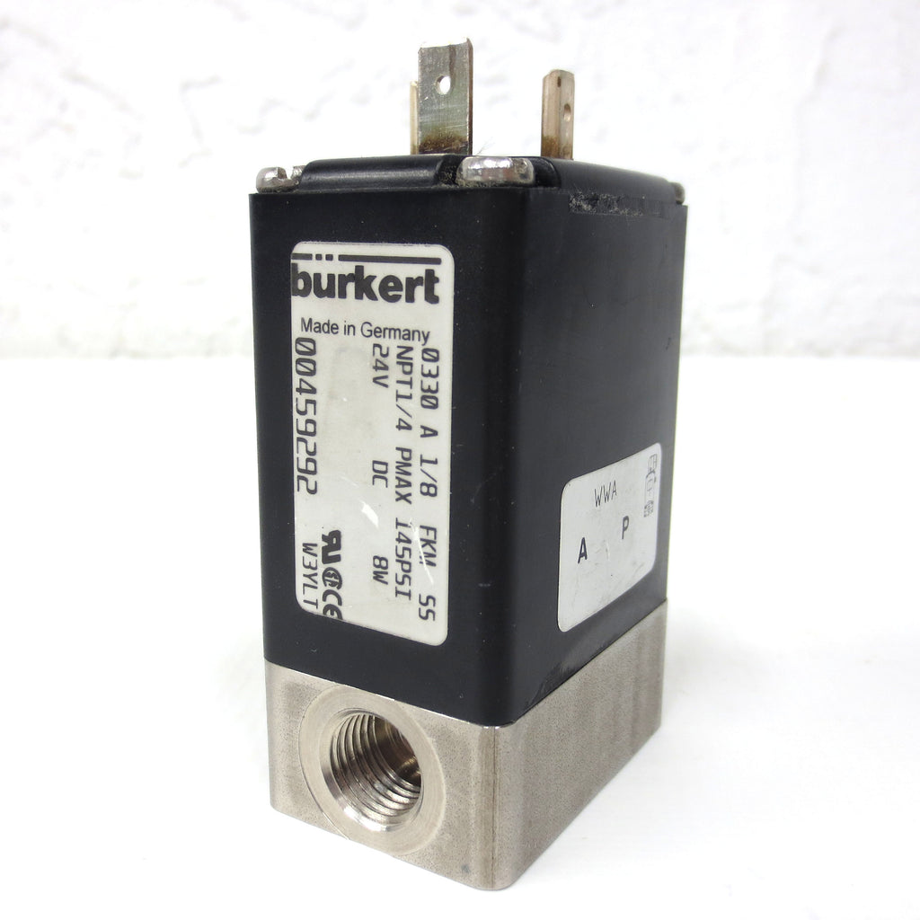 Burkert Solenoid Valve 24V/DC 8W 1/4" NPT PMAX 145PSI Model 0330 A 1/8 EPDM SS