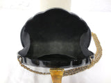 Vintage Sea Shell Purse by Farnell Paris, Black & Gold Rigid Handbag, Long Chain
