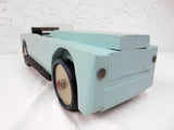 17" Long Vintage Wood Sport Car with Leather Seat, Folk Art Toy, Turquoise