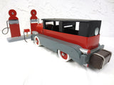 15" Long Vintage Wood Car Limousine with Gas Station, Folk Art Toy, Red Grey