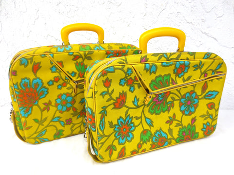 Pair of Vintage Suitcases made in Japan 16" X 11", Bright Yellow with Flowers