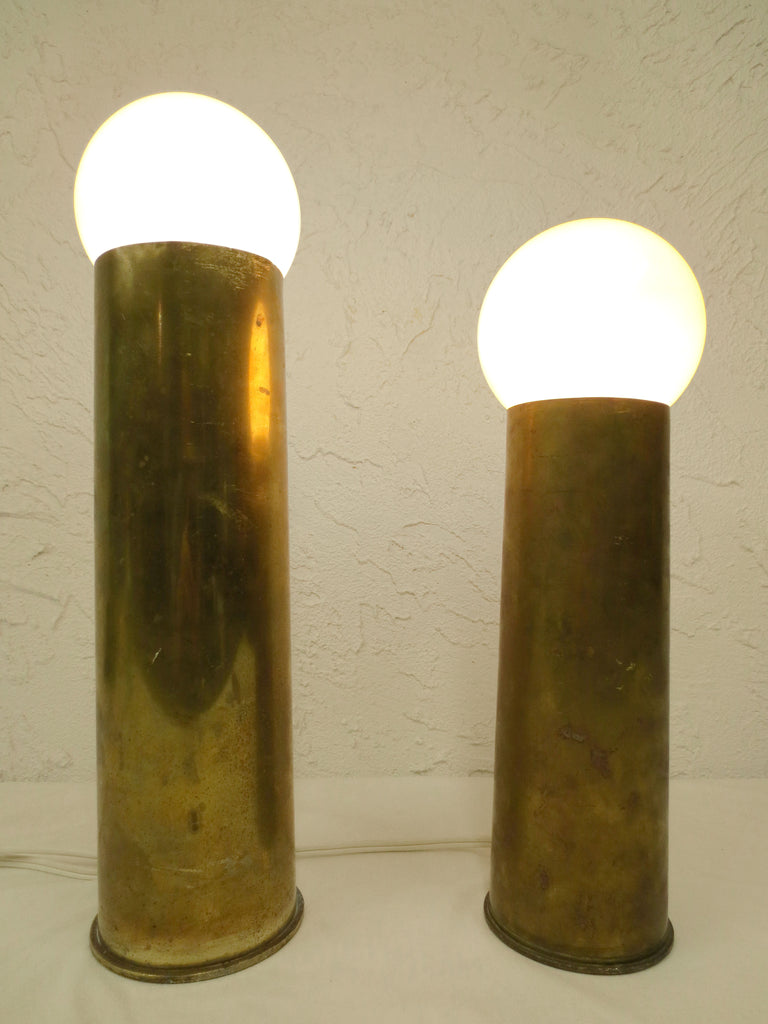 Pair of Brass Trench Art Lamps 11" and 14", Vintage 1944-1955 Brass Shells