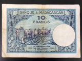 1937 Madagascar Banknote Money 10 Francs, 0,903, Y.1342, VF Condition