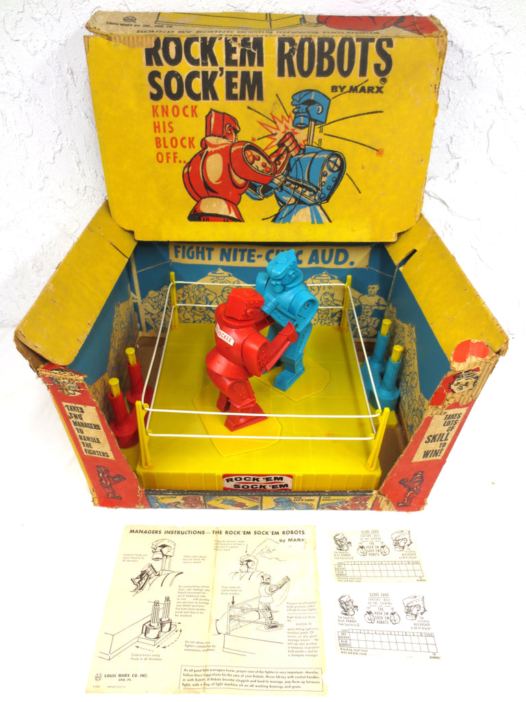 Vintage 1960's Marx Rock Em Sock Em Robots with Instructions, Scorecards, Box