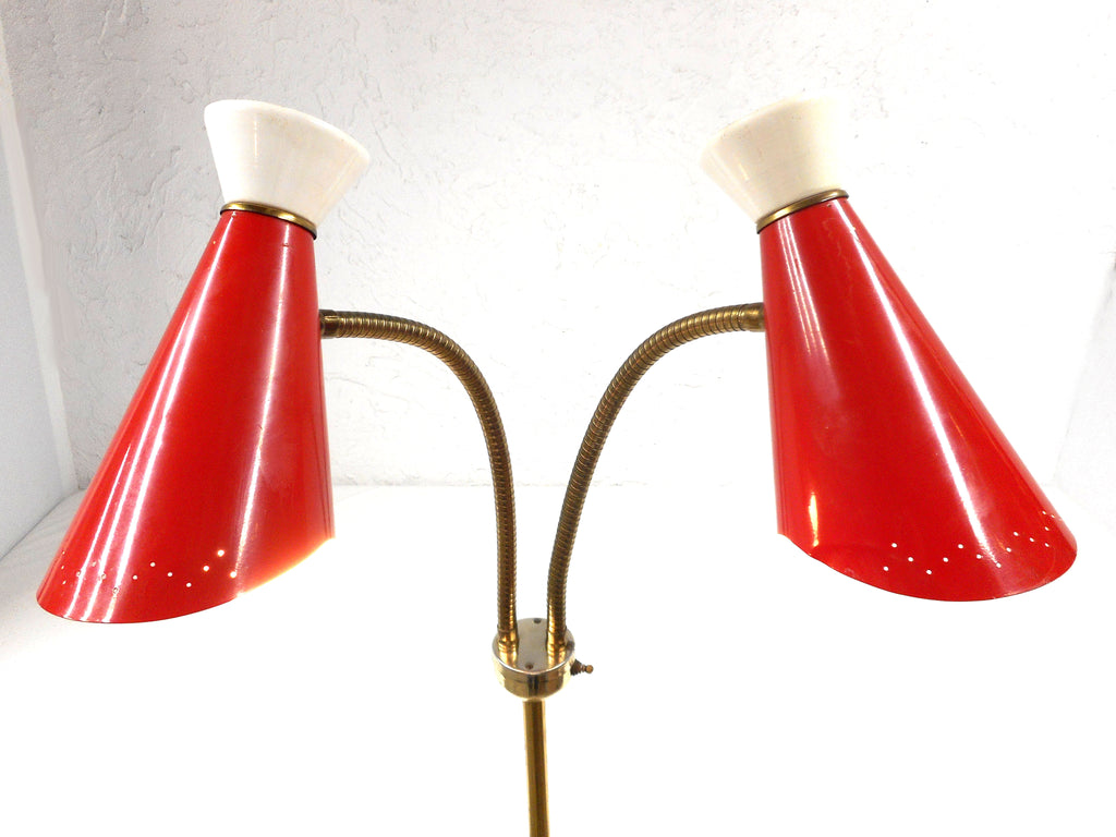 Mid Century Floor Light Lamp, 2 Red Shades with Goosenecks, Space Age Lamp