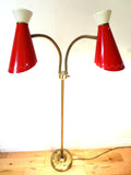 Mid Century Floor Light Lamp, 2 Red Shades with Goosenecks, Space Age Lamp
