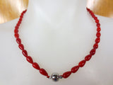 18" Red Coral Necklace, Red Teardrops Beads, Magnetic Clasp, Never Worn