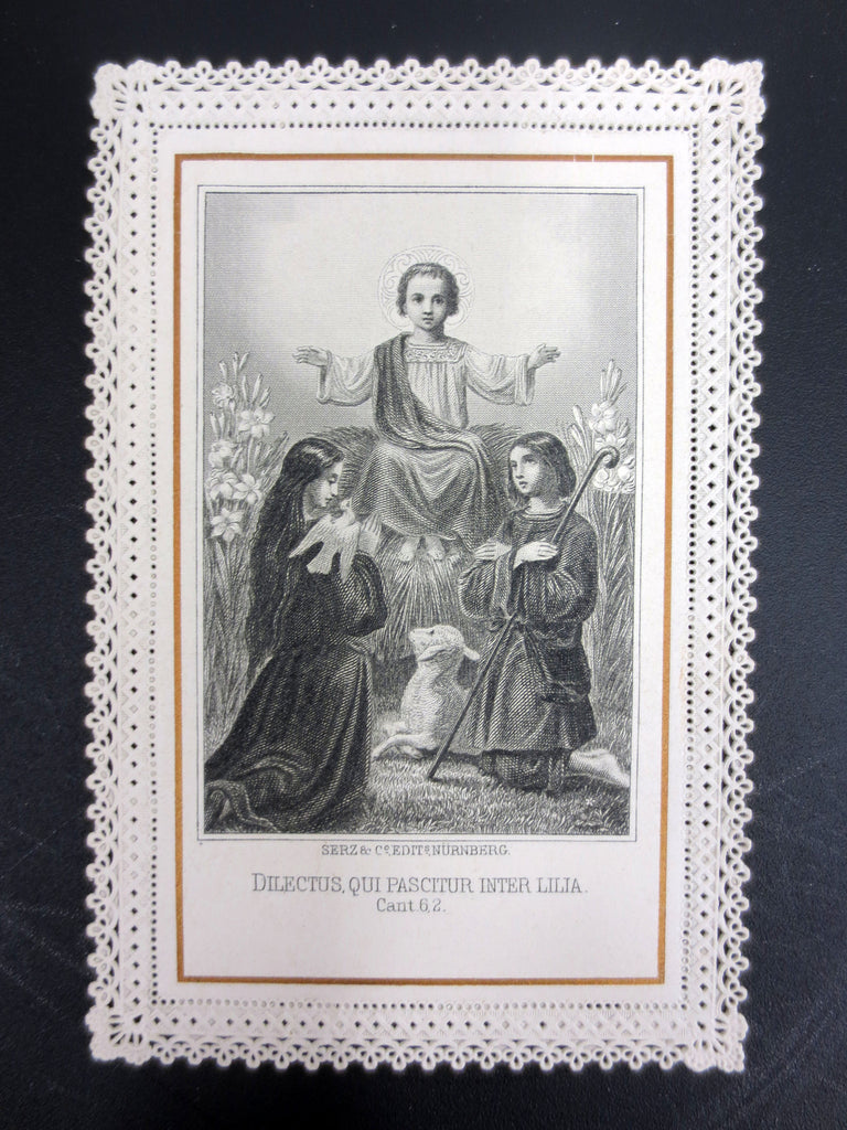 Antique Holy Card Lace Canivet by Serz Nurnberg, Kid Jesus, Lamb & Lilies