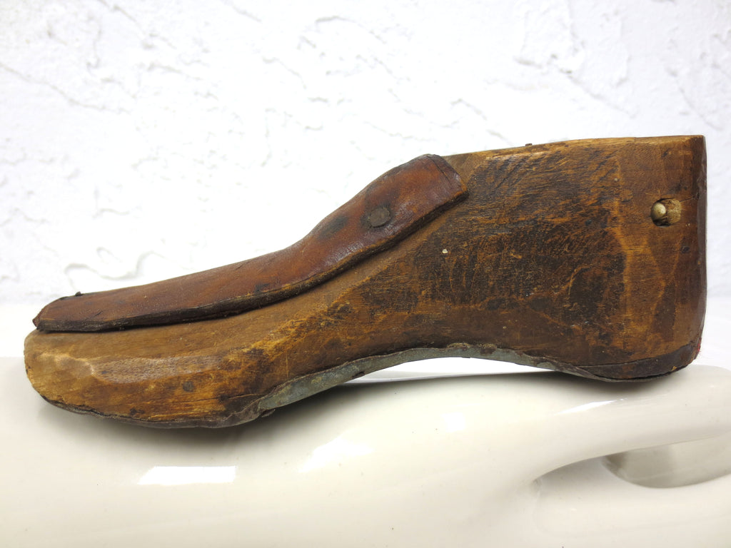 Antique Primitive Child Wood Shoe Form with Original Leather, Metal Sole Plate