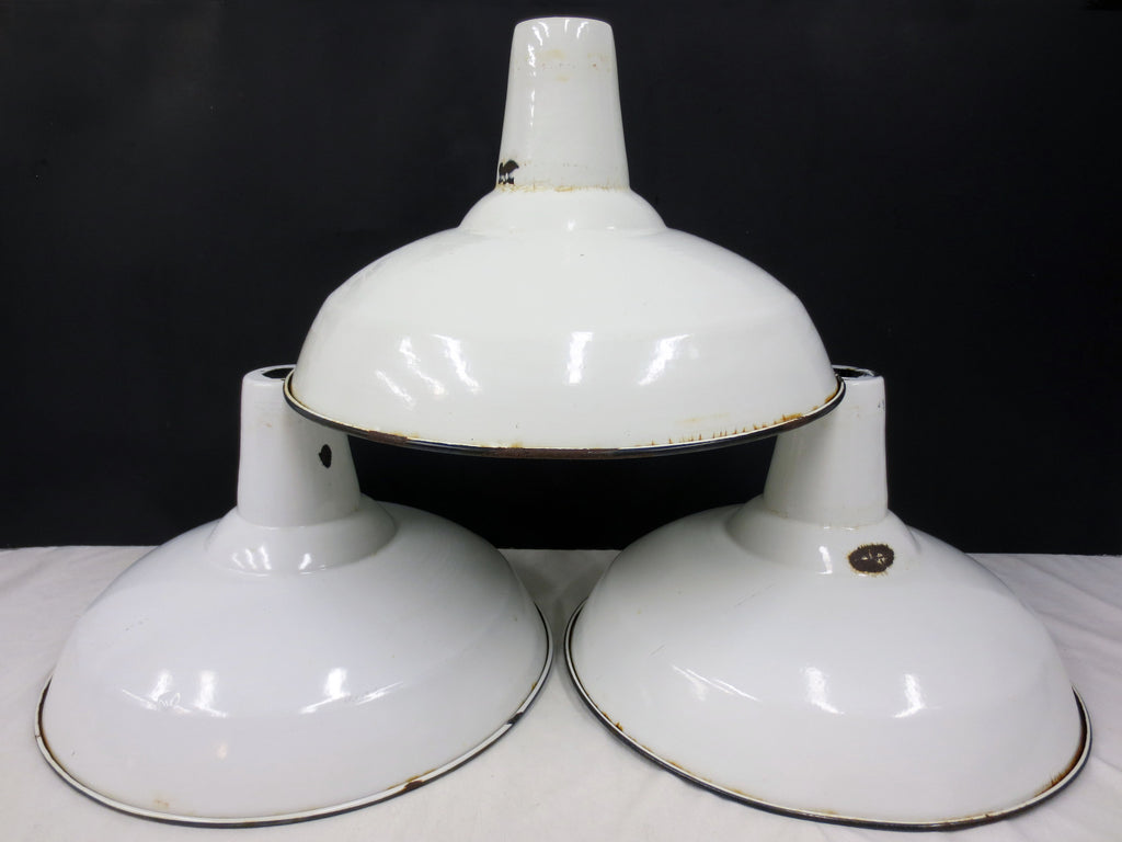 3 Industrial White Porcelain Enamel Ceiling Shades 16" Vintage Benjamin Fixtures