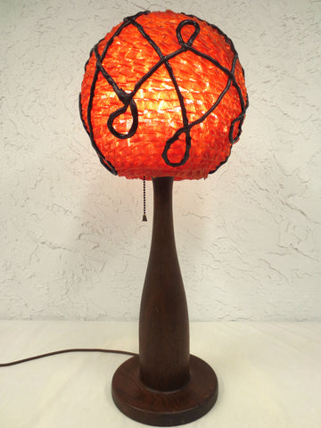 Vintage Mid Century Orange 24" Lucite Wood Table Lamp, Lucite Spaghetti Bowling