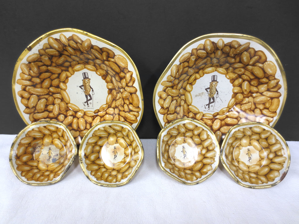 Vintage Mr. Peanut Metal Bowls Set of 6, Peanuts Serving Plates 3" and 6", Tin