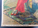 Vintage 1930's Illustration Woman Pirate on Beach with Saber, Seaplane, Treasure