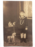 Antique 1920's Photo Postcard Sad Young Boy Pull Along Horse, Montreal, Canada