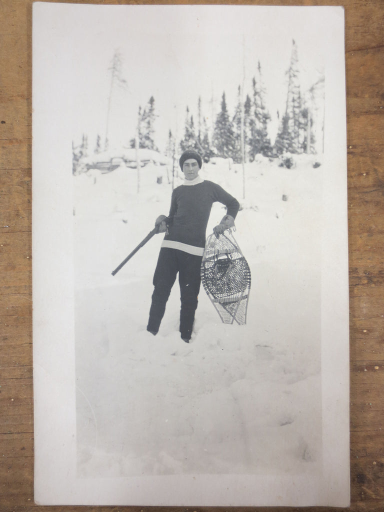 Vintage 1940's Photo Postcard Young Man Hunting with Snow Shoes, Canada, Quebec