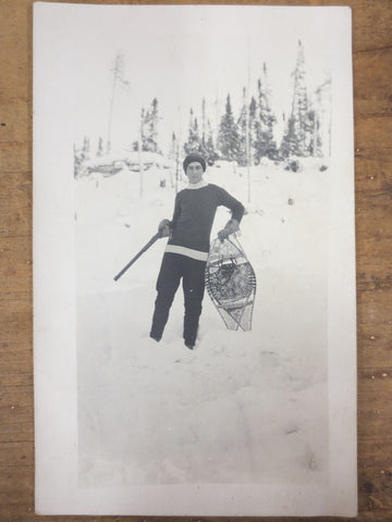 Vintage 1940's Photo Postcard Young Man Hunting with Snow Shoes, Canada, Quebec