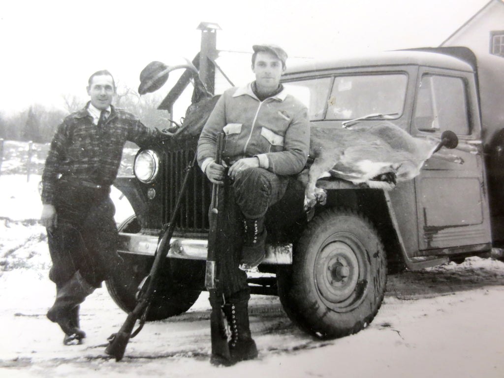 Vintage 1940's Photo of 2 Deer Hunters Sitting on Jeep in Winter, Montreal