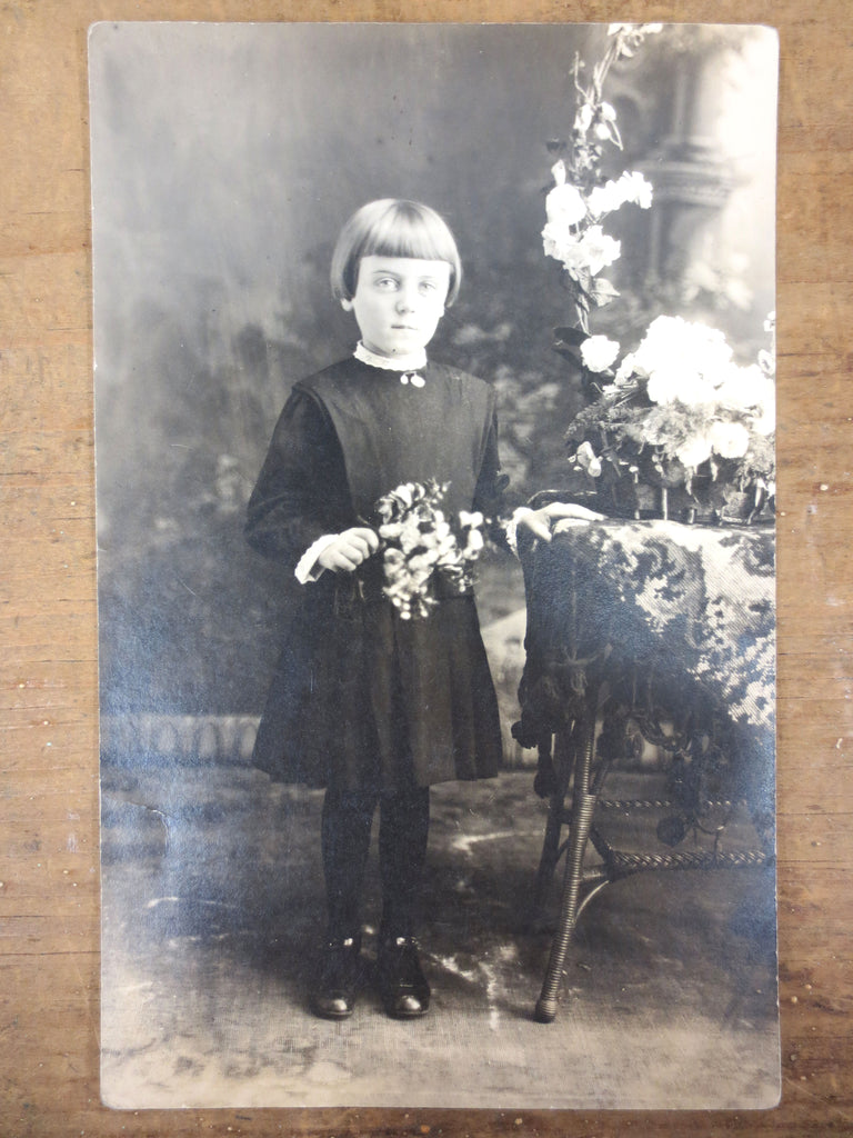 Antique 1920's Photo Postcard Serious Young Girl Holding Flowers, Montreal