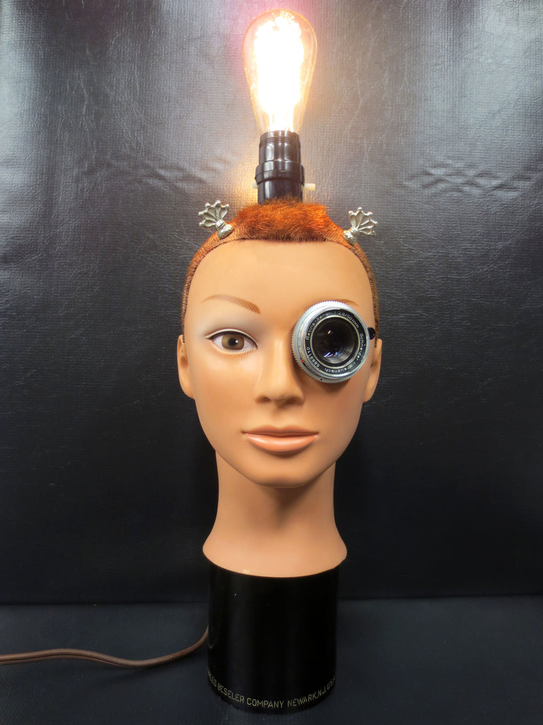 Steampunk Android Mannequin Head Lamp, Vintage Camera Lens Parts, Edison Light