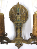 Antique Art Nouveau 1920's Brass Wall Sconce Double Light Holders, Fleur de Lys