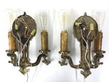 Antique Art Nouveau 1920's Brass Wall Sconce Double Light Holders, Fleur de Lys
