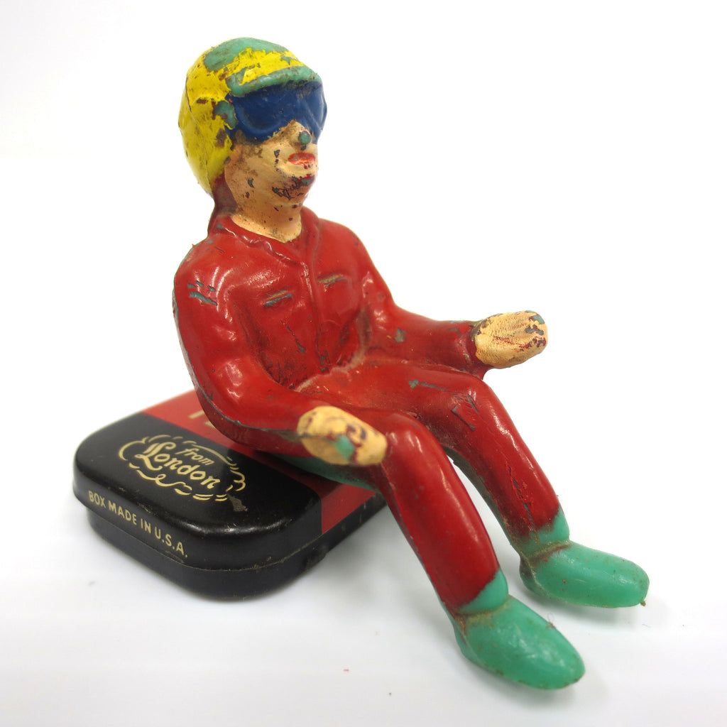 Vintage Toy Race Car Driver 1 3/4", Red uniform, Goggles and Yellow Helmet