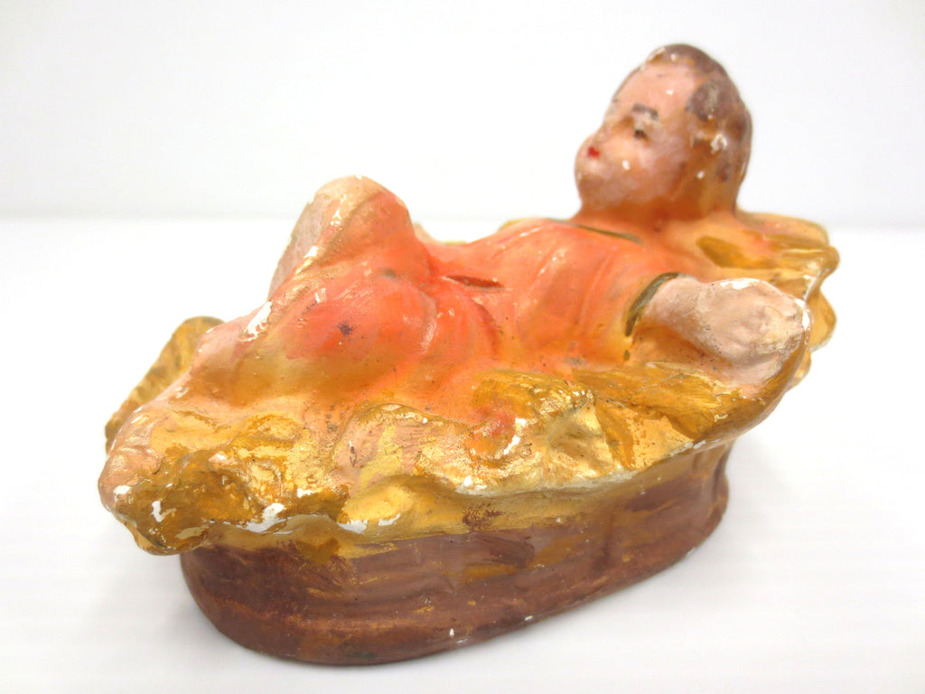 Antique Nativity Manger Baby Jesus in Hay Cradle 4", Christmas Creche Figurine