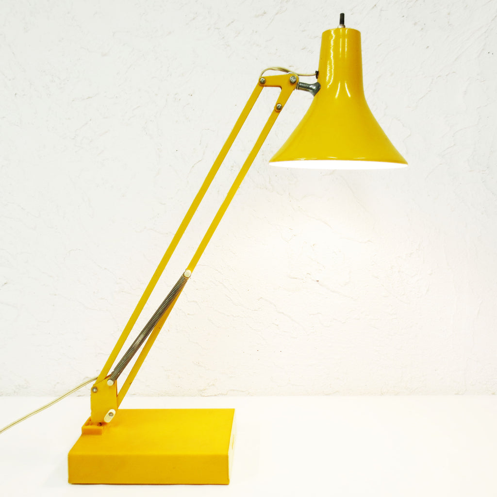 Vintage Mid Century Articulated Swing Arm Drafting Desk Lamp 25" Signed Luxo, Original Base, Bright Yellow
