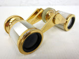 Vintage Opera Theater Glass Binoculars signed Mignon, 2.5X Mother of Pearl, Gold Tone, Original Case and Box, Japan