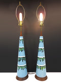 Pair Vintage Mid-Century Danish Modernist Table Lamps 38", Teak Ceramic, Scandin