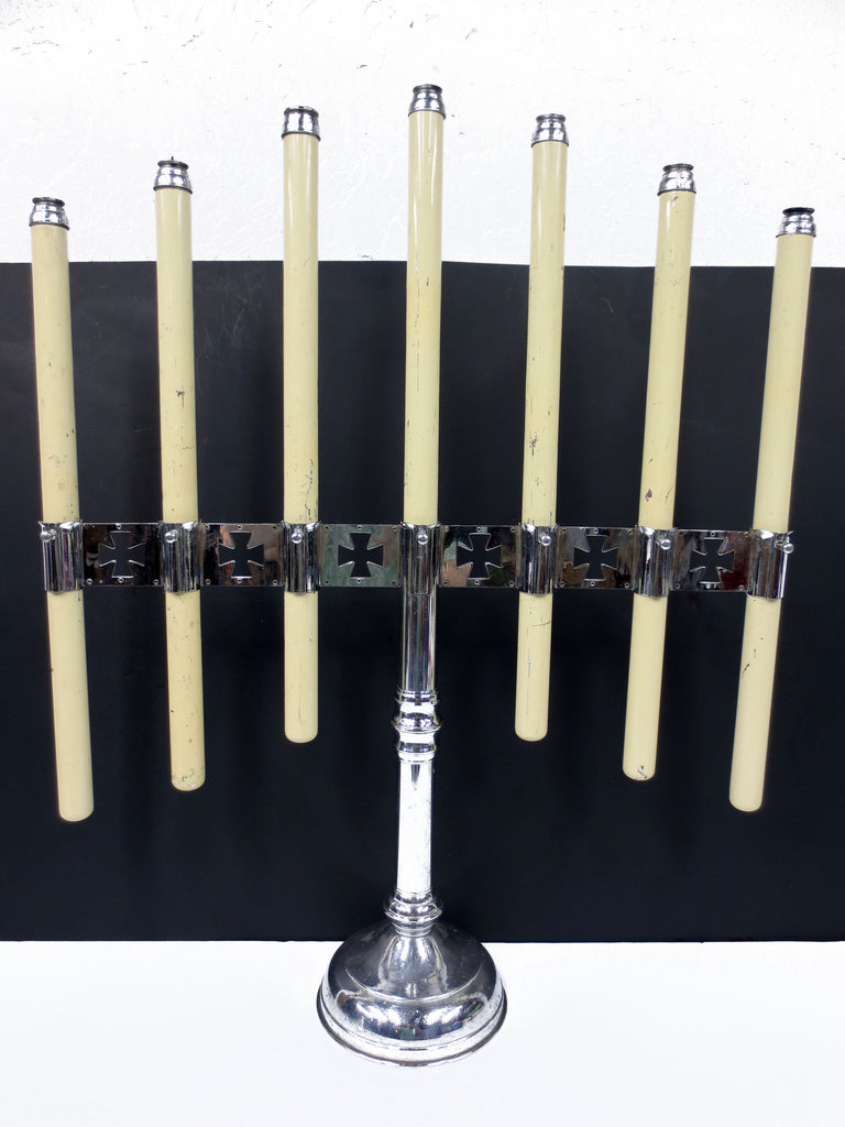 Large 33" Vintage Church Altar Candlestick Holder 7 Spring Brass Candles, Chrome