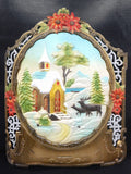 Vintage West German Christmas Display Cardboard Store Advertising, Church, Mooseand Flowers, 15 X 18.75"