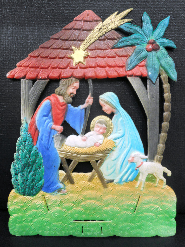 Vintage West German Nativity Display Cardboard Store Advertising, Joseph, Mary and Baby Jesus, 7.5 X 10"