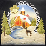 Vintage West German Christmas Display Cardboard Store Advertising, Deer, River, Church and Golden Bells, 11.5 X 11.75"