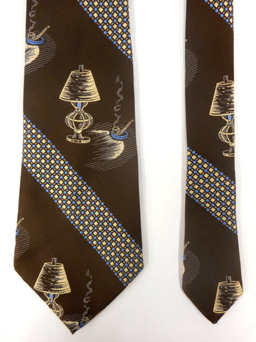 Vintage Retro Wide Neck Tie with Tobacco Pipe and Lamp, Old Style Brown Blue 54"